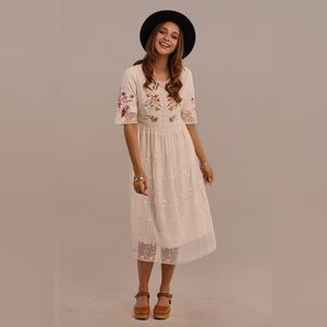 Roolee Dress - MIDI Lace Overlay Embroidered Dress